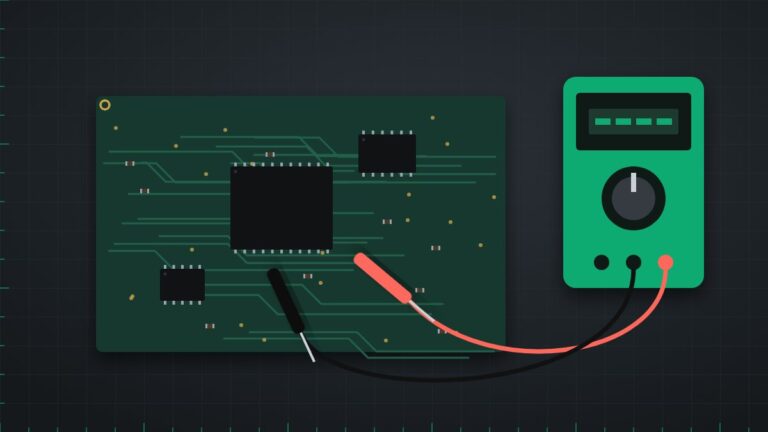 Illustration of a console motherboard being tested with a multimeter