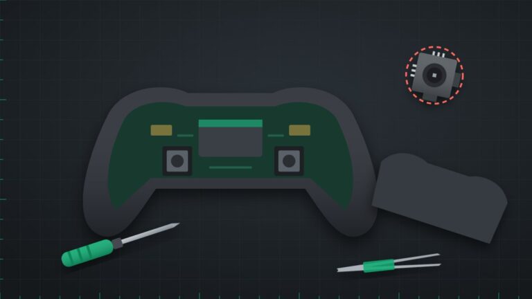 Illustration of an opened games controller on the repair bench