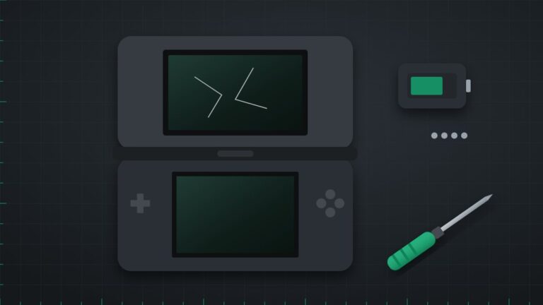 Illustration of a dual-screen handheld console with a cracked top screen