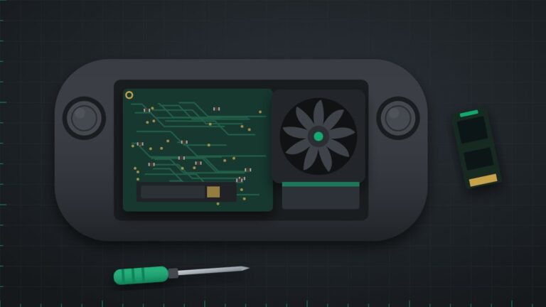 Illustration of a handheld gaming PC opened to show the fan, board and SSD