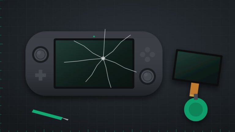 Illustration of a handheld console with a cracked screen and a replacement screen