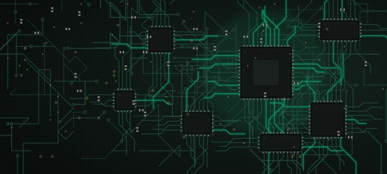 Close-up illustration of an electronic circuit board with processors and glowing traces